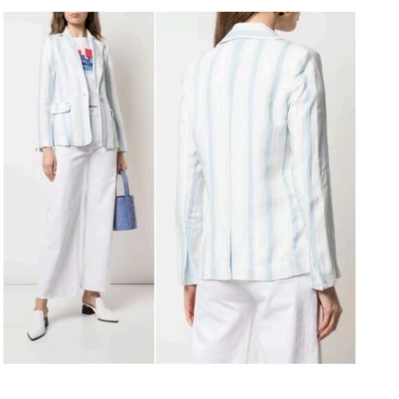 FRAME Classic Stripe Linen Blue White Blazer Size 4 - Picture 5 of 14